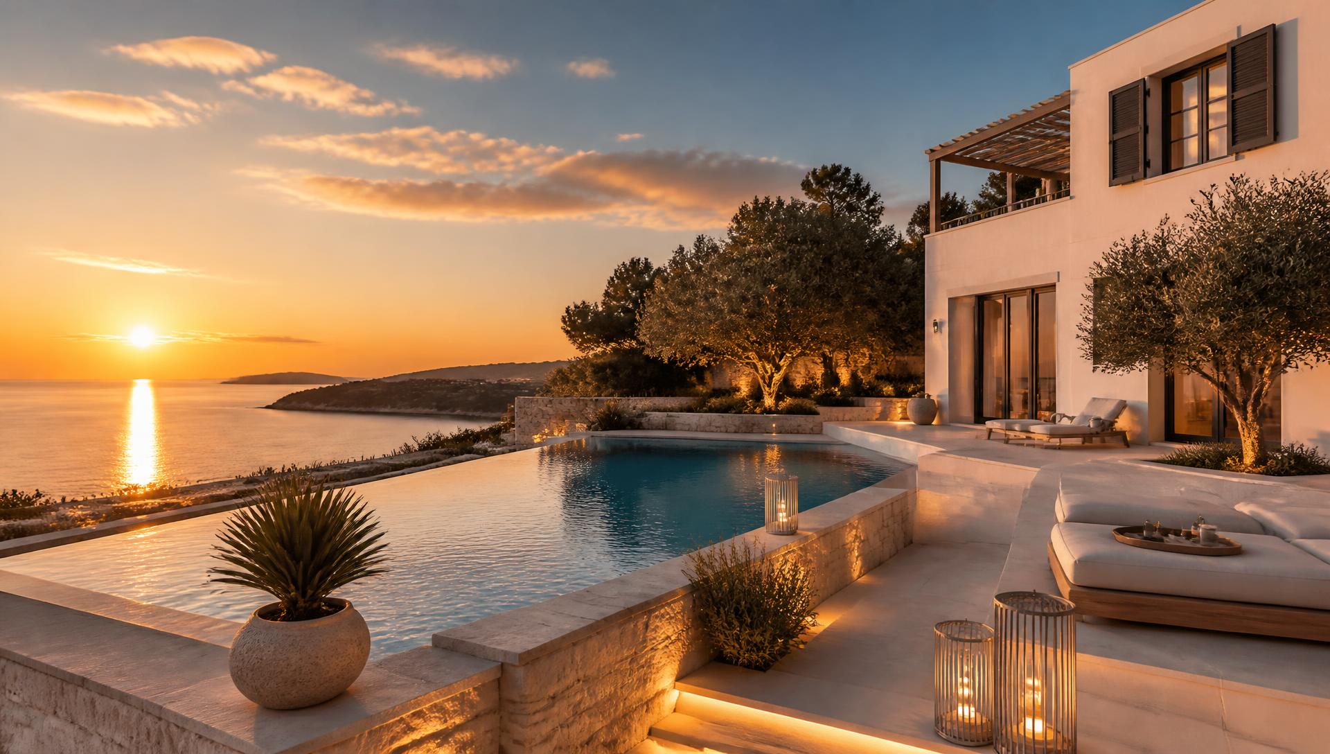 Premium Mediterranean villa with infinity pool at sunset in Dalmatia, Croatia