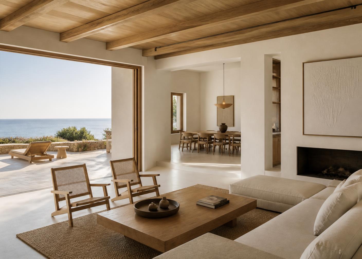 Minimalist Mediterranean villa interior with sea view, managed by NATATU Hospitality